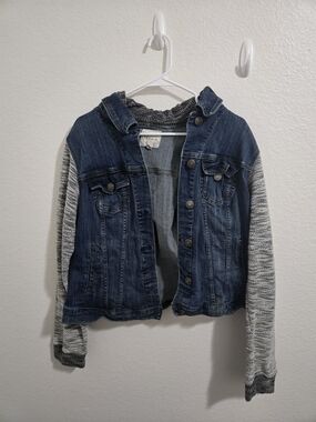 Torrid | Blue Denim Jacket with Gray Knit Hood & Sleeves